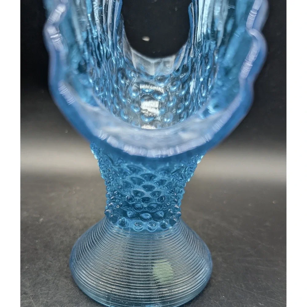 Vintage Empoli Italian Blue Hobnail Glass Fan Vase Ruffled Rim Pedestal 7